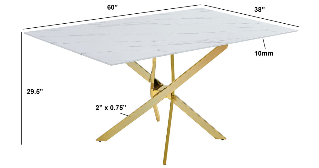 D242-4SC260-5PC 5 pc Mercer 41 Tom white tempered glass top marble look finish top gold frame dining table set