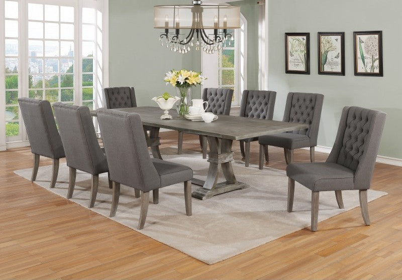 Best Quality D26-9PC-GY 9 pc Gracie oaks desjardins denville antique rustic grey finish wood dining table set grey chairs