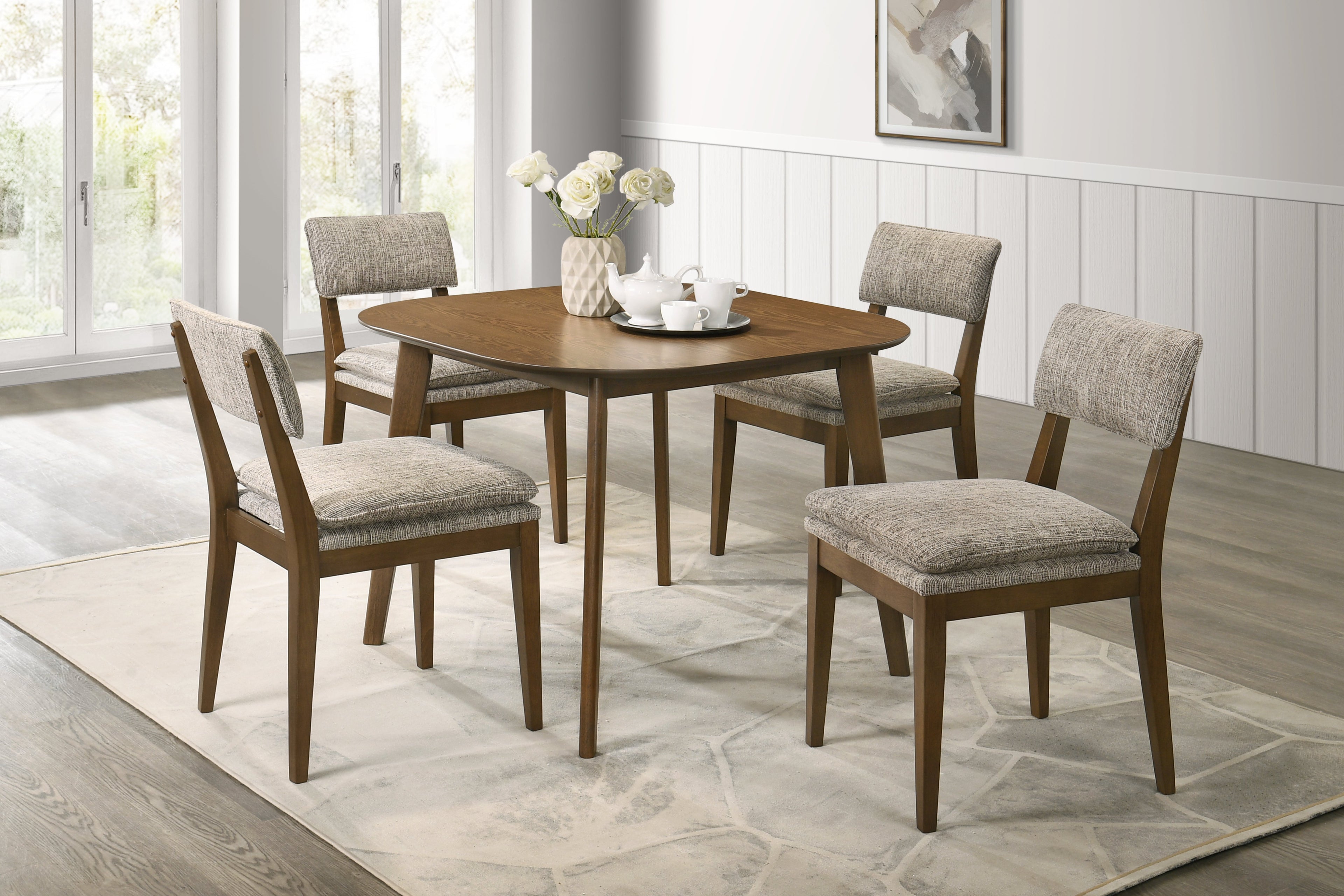 D2749-11-5PC 5 pc Miller walnut finish wood square dining table set fabric chairs mid-century modern style