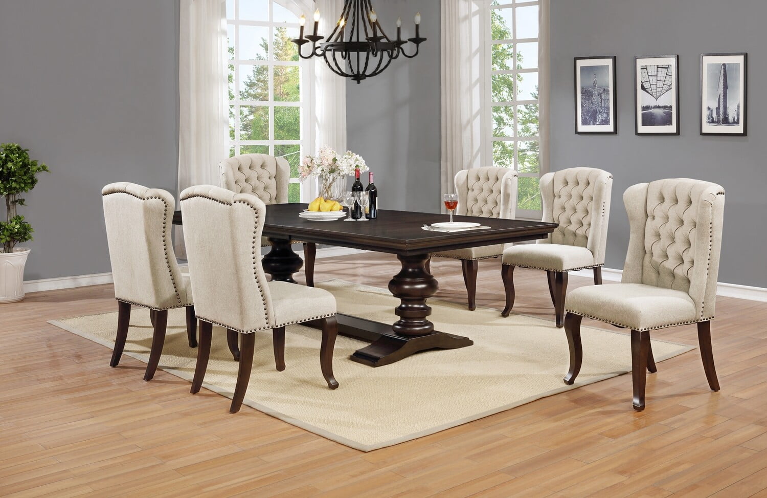 D35-7PC 7 pc Winston porter encore espresso finish wood rustic style dining table set with tufted chairs
