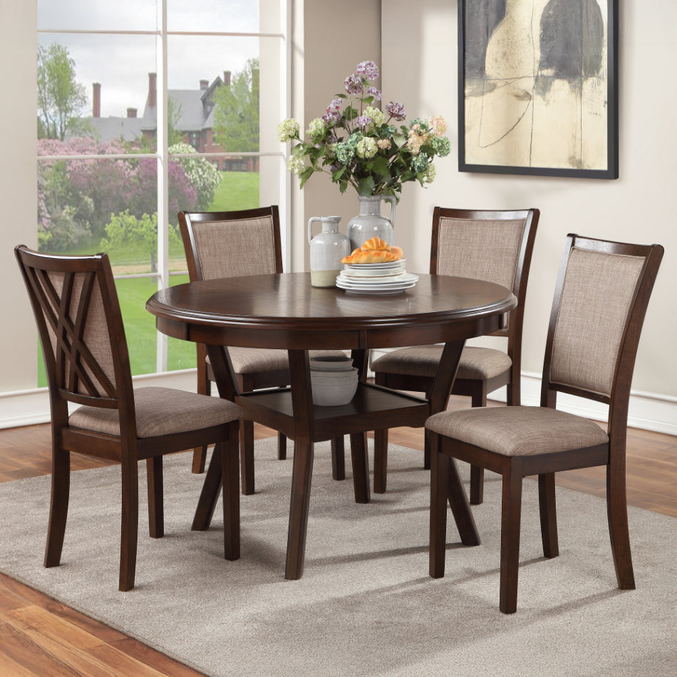 D3651CHY-5PC 5 pc Amy cherry finish wood 47" round dining table set fabric upholstered chairs