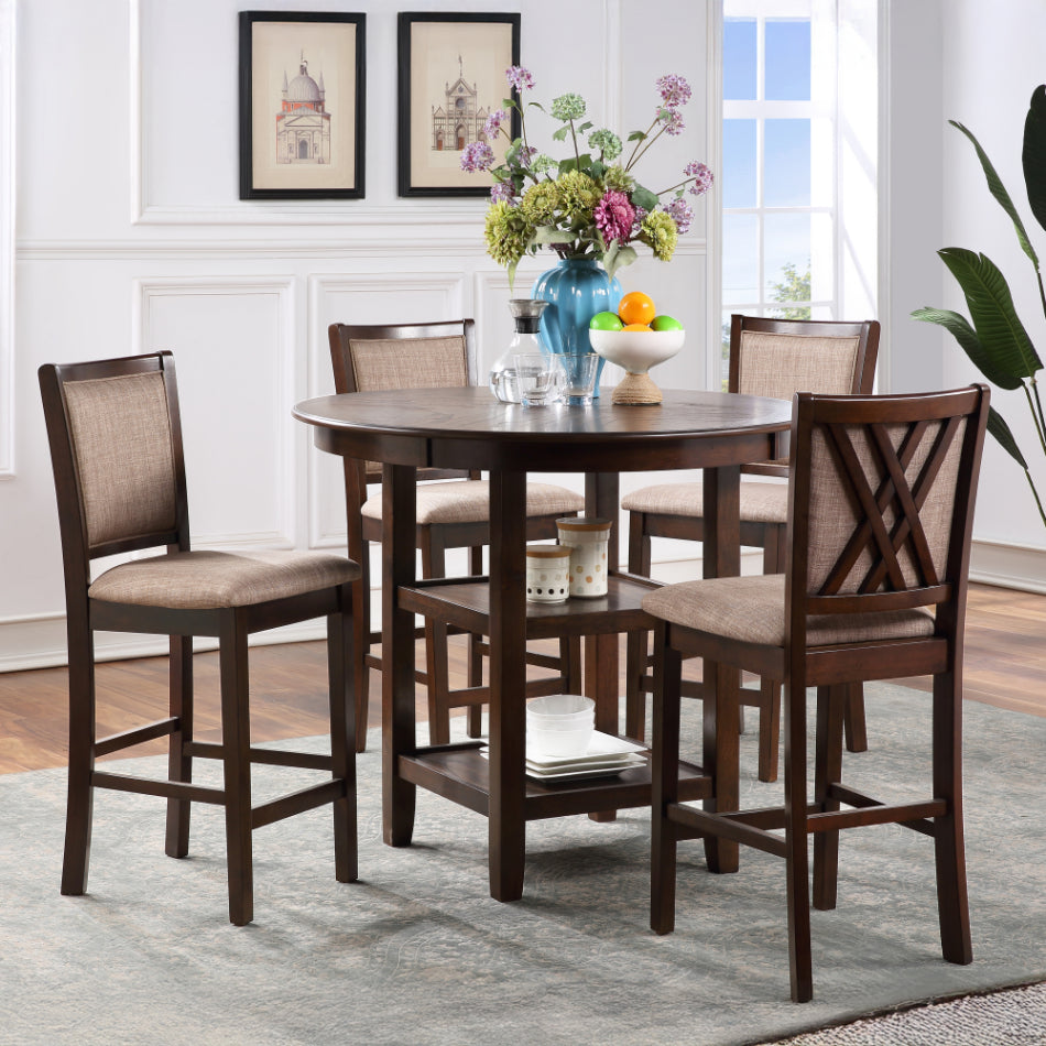 D3651-52SCHY-5PC 5 pc Amy cherry finish wood 42" round counter height dining table set fabric upholstered chairs