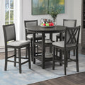 D3651-52SGRY-5PC 5 pc Amy grey finish wood 42" round counter height dining table set fabric upholstered chairs