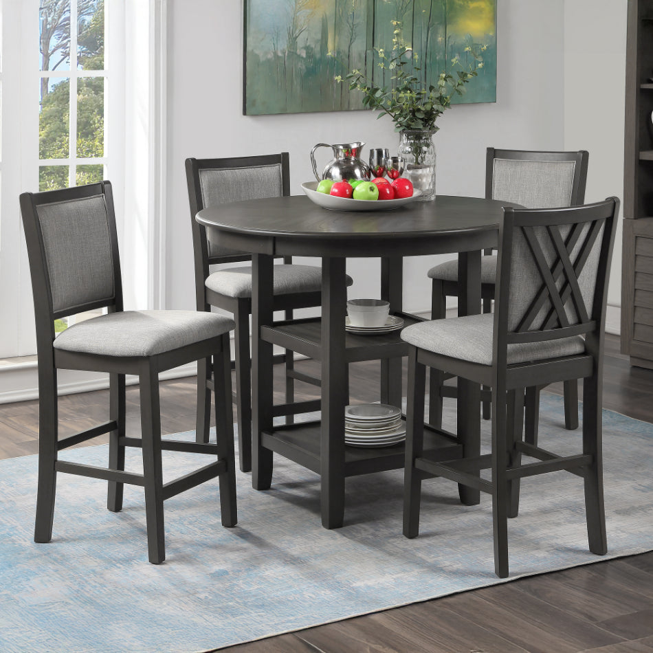 D3651-52SGRY-5PC 5 pc Amy grey finish wood 42" round counter height dining table set fabric upholstered chairs