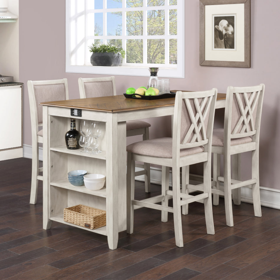 D3651-60CSBSQ-5PC 5 pc Amy bisque beige finish wood 60" counter height dining table set with storage shelves and USB