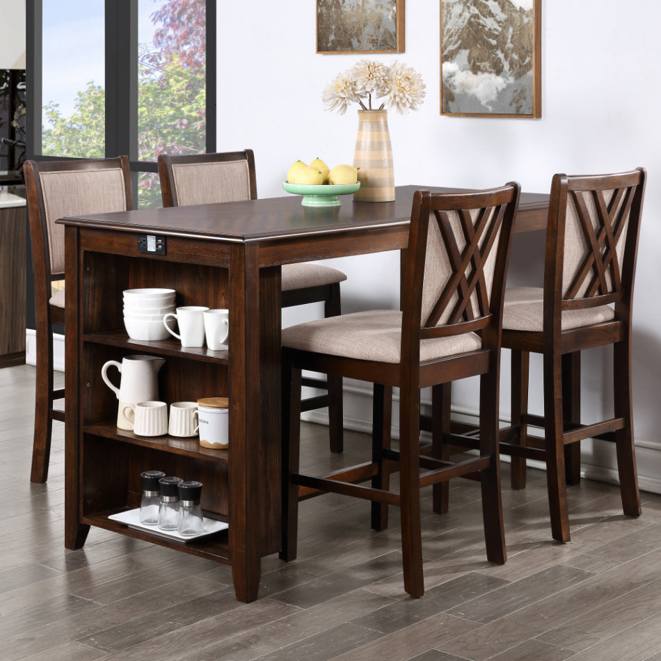 D3651-60CSCHY-5PC 5 pc Amy cherry brown finish wood 60" counter height dining table set with storage shelves and USB