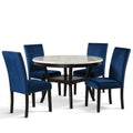 D400-11-BL-5PC 5 pc Celeste faux marble top espresso finish wood 48" round dining table set with blue chairs