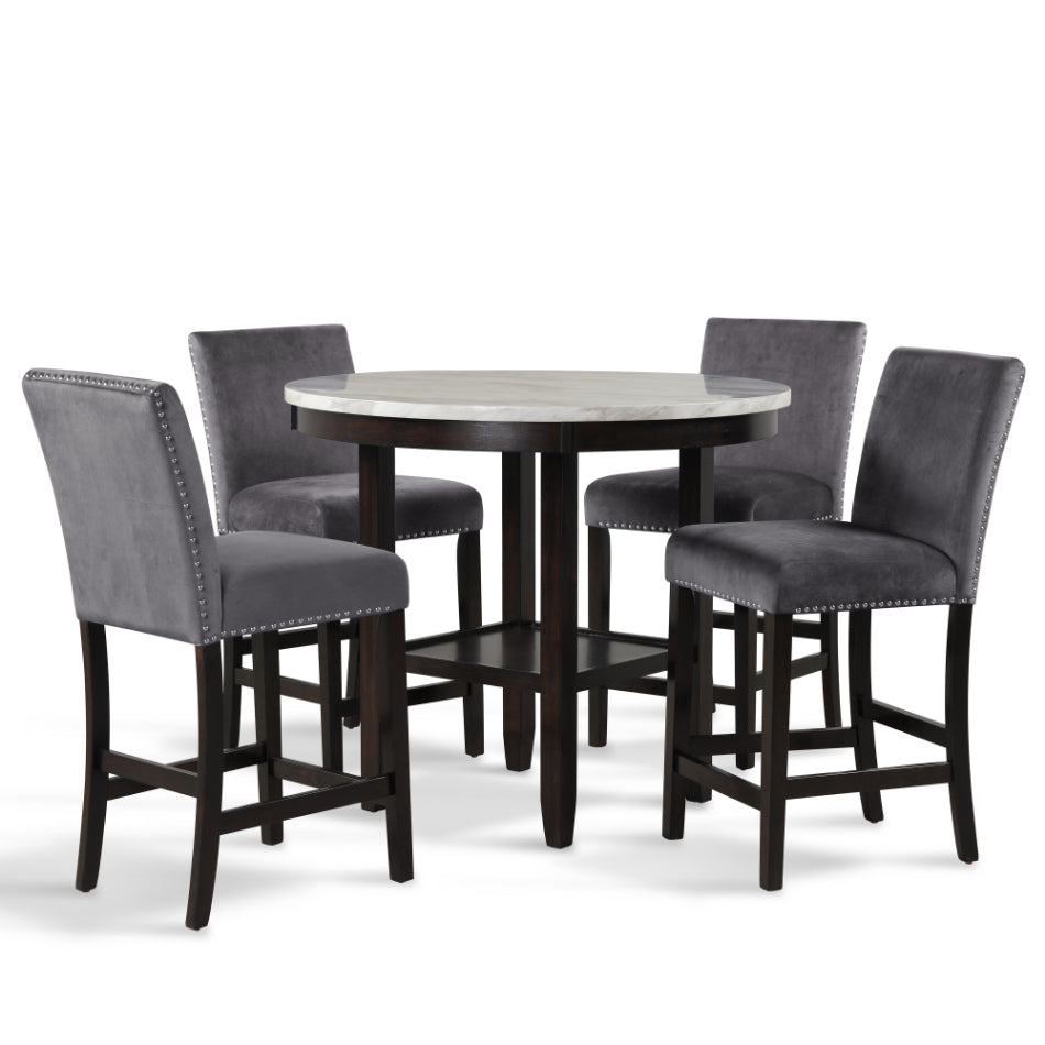 D400-12-GY-5PC 5 pc Celeste faux marble top espresso finish wood 42" round counter height dining table set with grey chairs