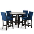 D400-12-BL-5PC 5 pc Celeste faux marble top espresso finish wood 42" round counter height dining table set with blue chairs