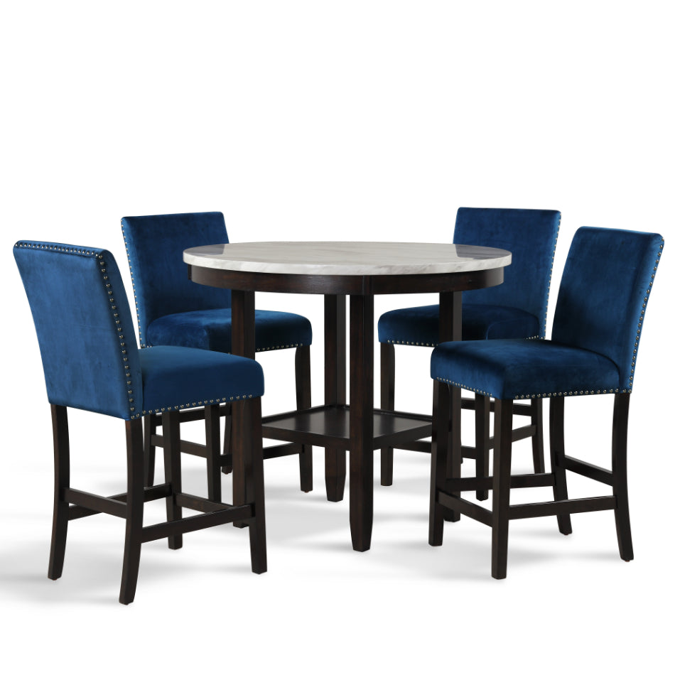 D400-12-BL-5PC 5 pc Celeste faux marble top espresso finish wood 42" round counter height dining table set with blue chairs