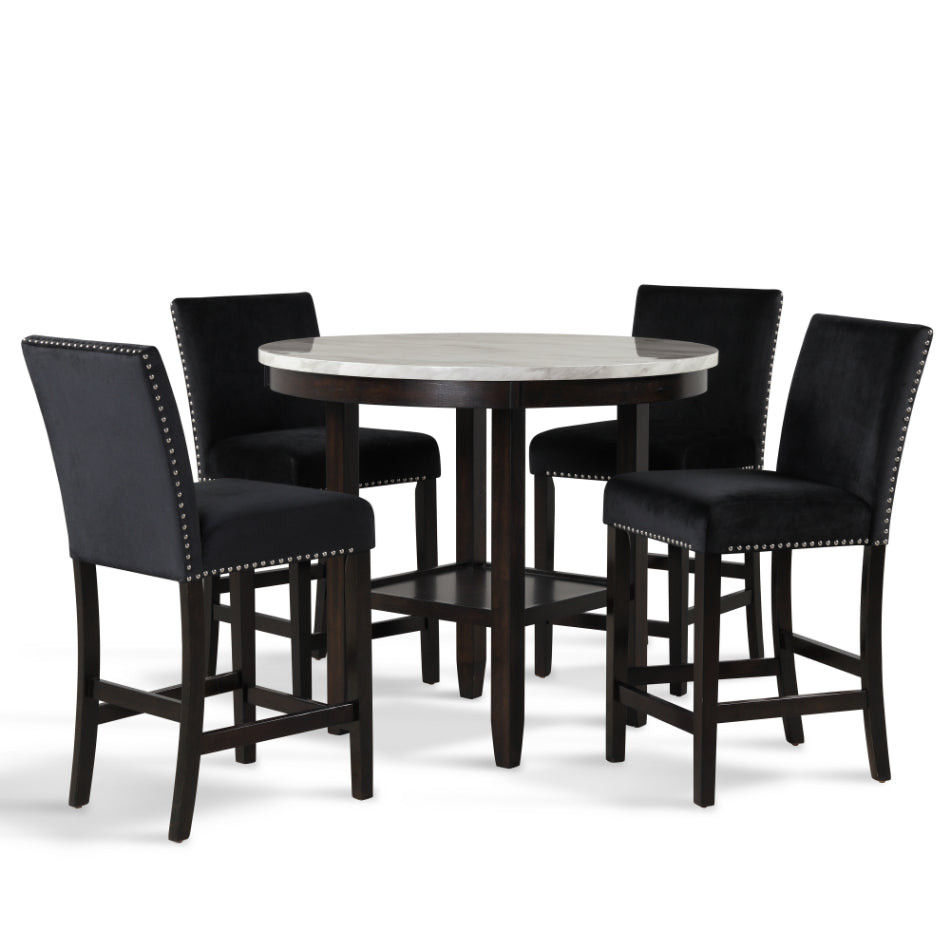 D400-12-BK-5PC 5 pc Celeste faux marble top espresso finish wood 42" round counter height dining table set with black chairs