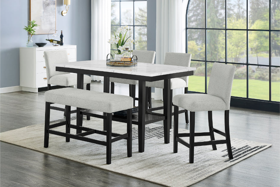 D400-13-GY-6PC 6 pc Celeste faux marble top espresso finish wood 60" counter height dining table set with grey chairs and bench
