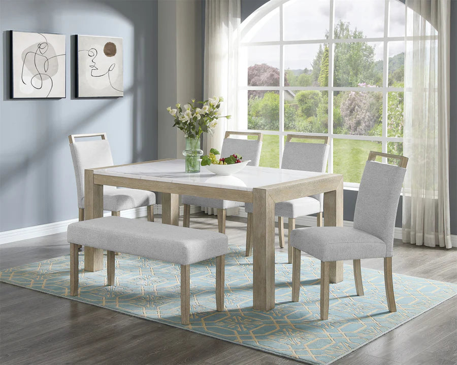 Tabitha 6-Piece Light Oak Wood 66" White Faux Marble Top Dining Table Set with Bench – D4018-6PC
