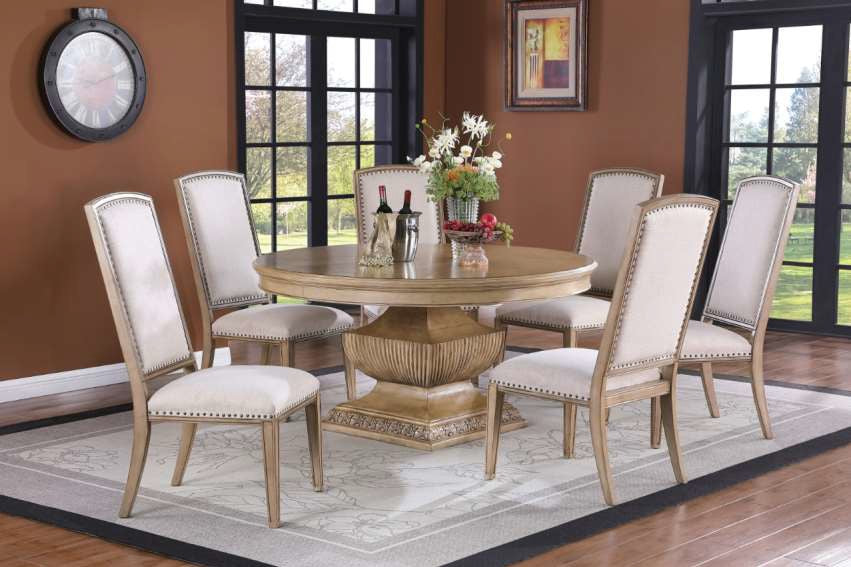 D4100-6060-5PC 5 pc Astoria grand cherish natural finish wood trestle base 60" round dining table set