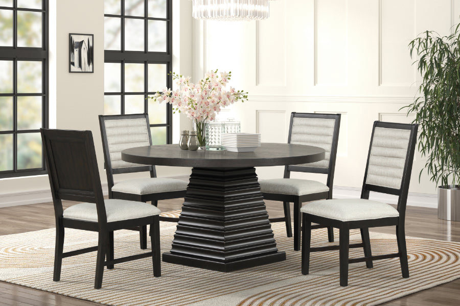 40-4101-15-5PC 5 pc Plateau rustic espresso finish wood 54" round pedestal dining table set fabric upholstered seats