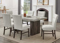 Mc Ferran D4201-7PC 7 pc Gracie oaks dark finish wood faux marble top dining table set grey fabric chairs