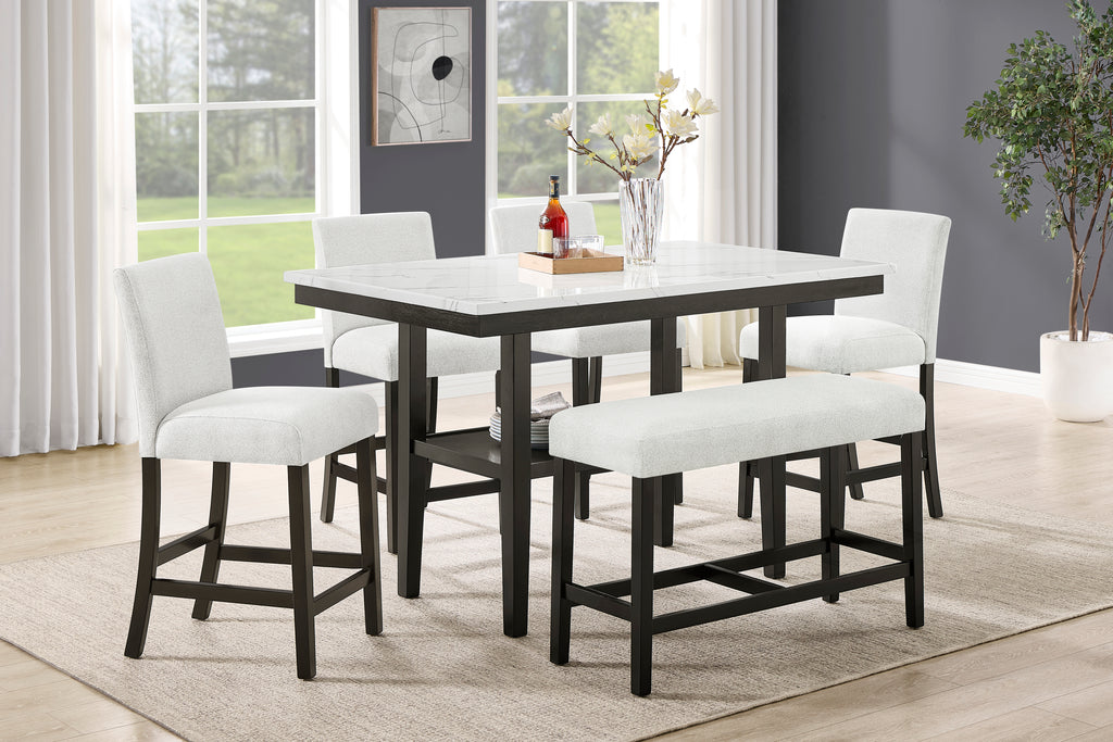45-D422-6PC 6 pc Carissa espresso finish wood counter height dining table set faux marble top with bench