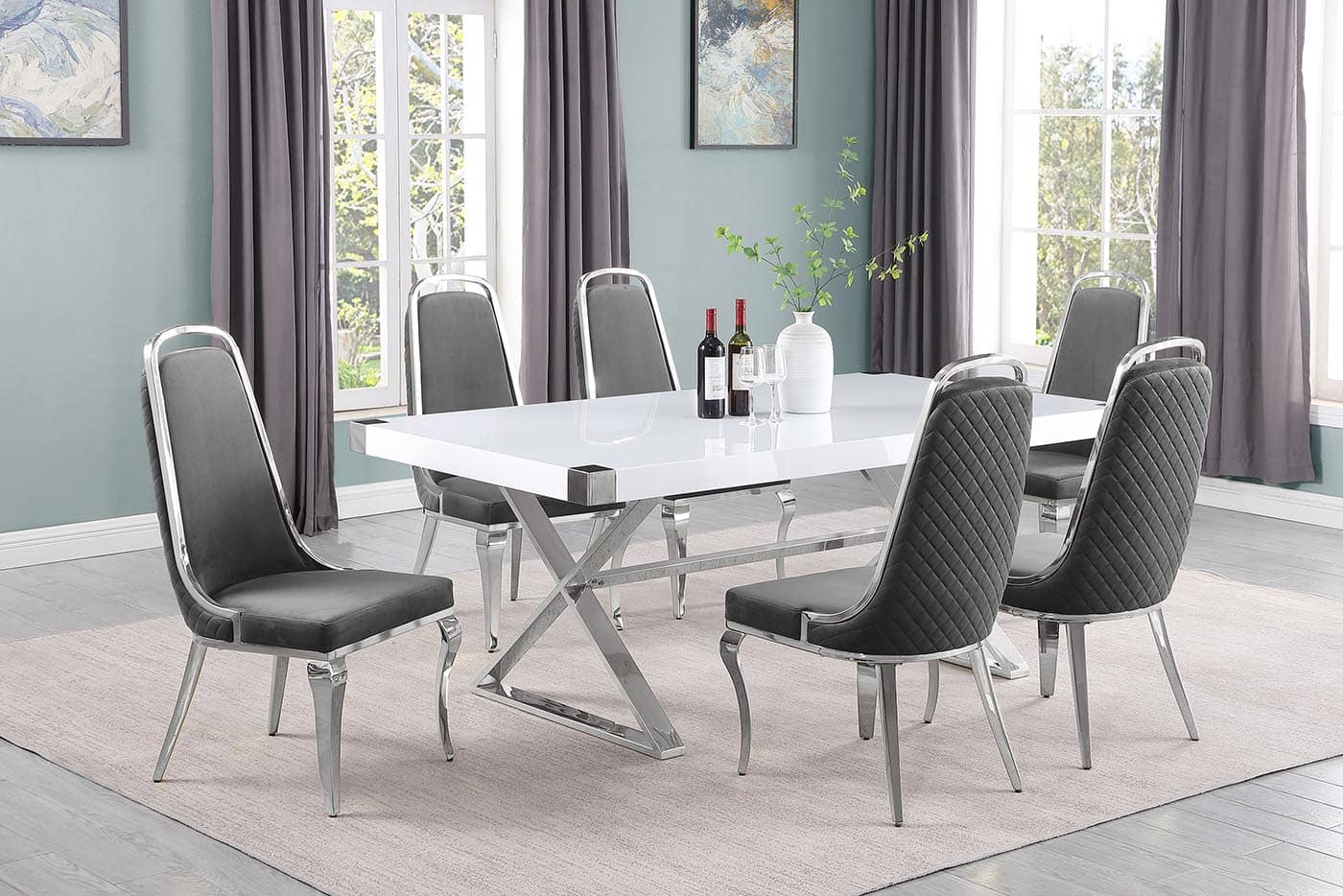 Best Quality D440-6SC310 7 pc Modern white high gloss top chrome accent base 78" dining table set dark grey chairs