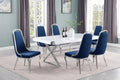 Best Quality D440-6SC311 7 pc Modern white high gloss top chrome accent base 78" dining table set navy blue chairs