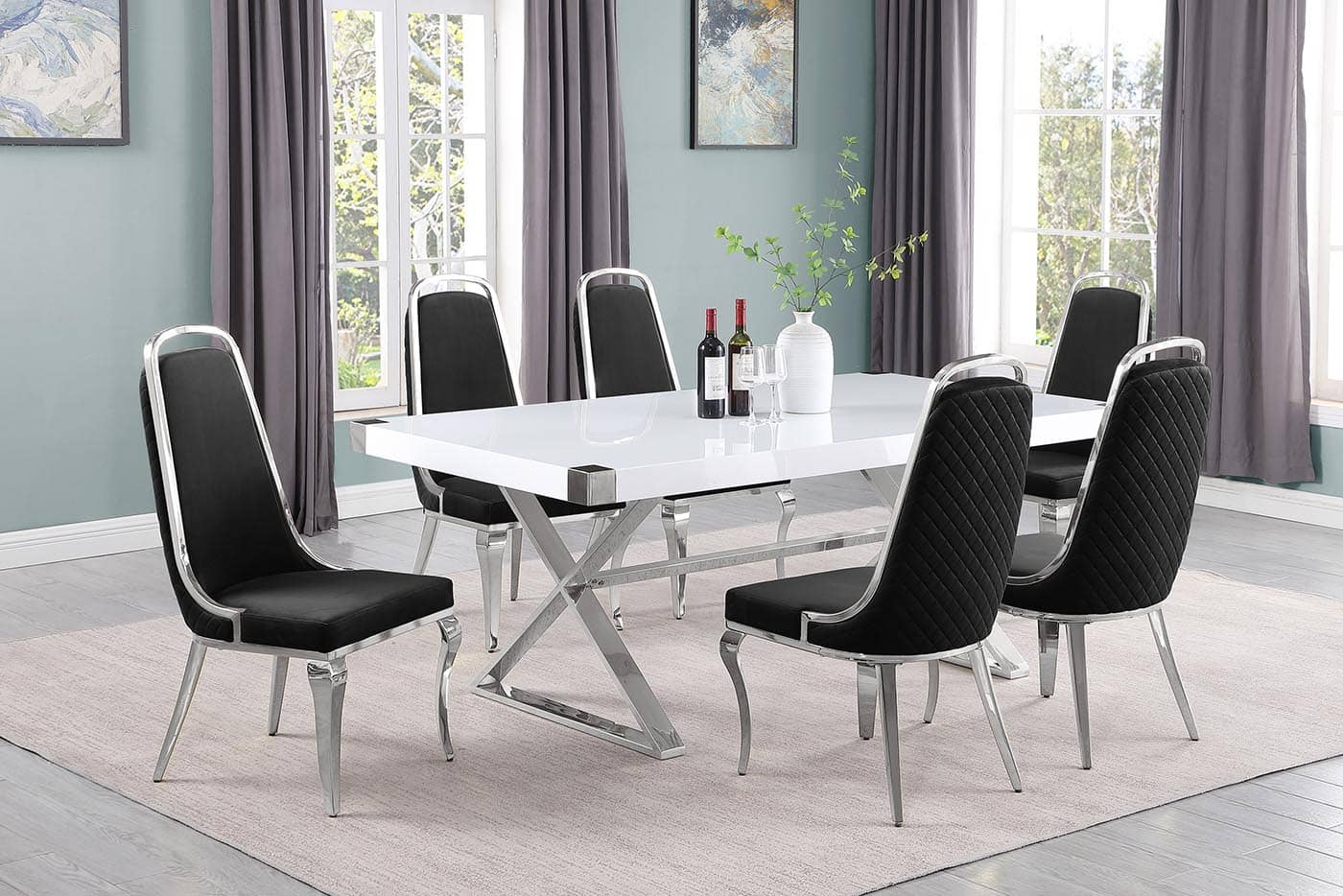 Best Quality D440-6SC312 7 pc Modern white high gloss top chrome accent base 78" dining table set black chairs