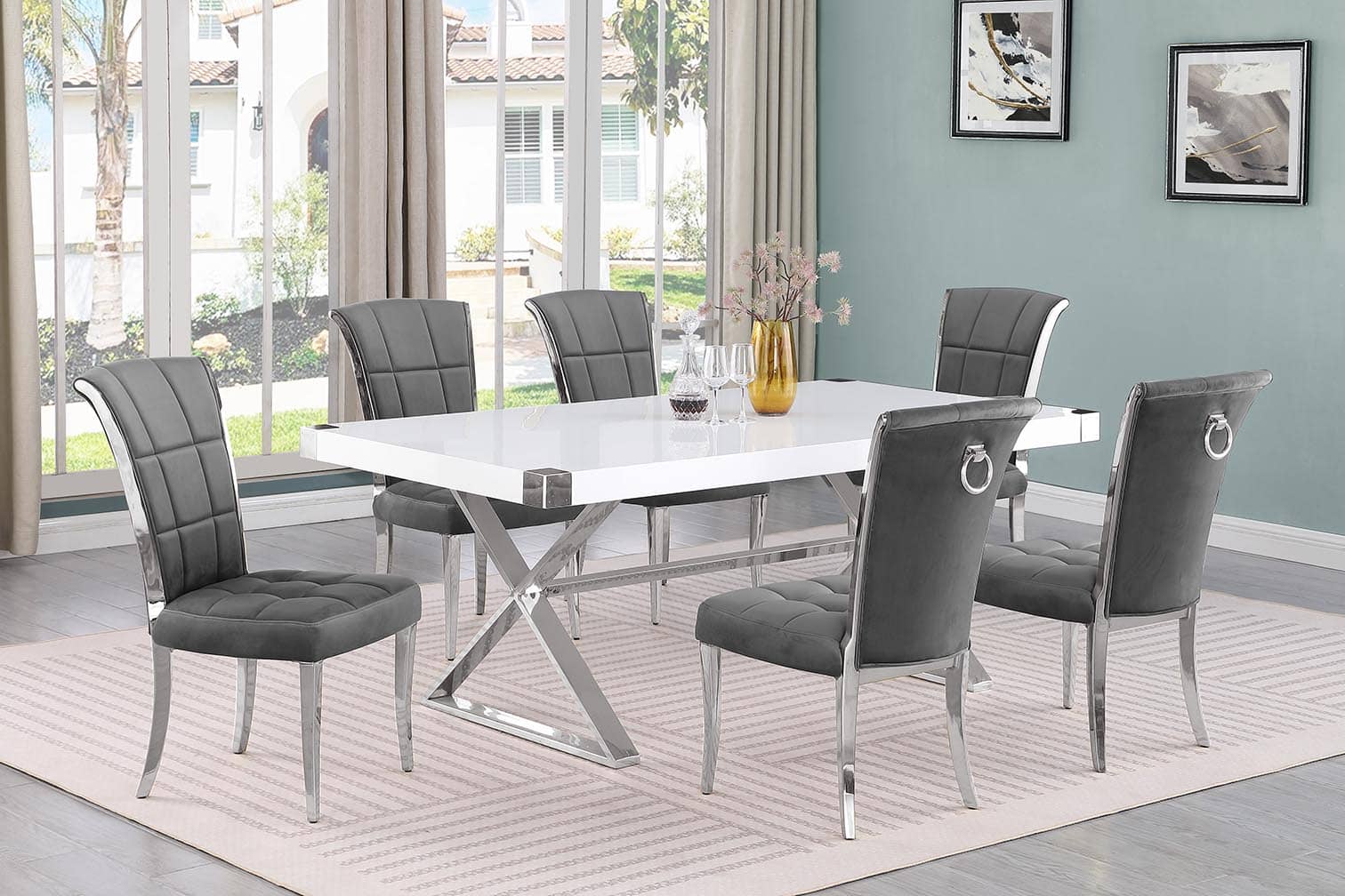 Best Quality D440-6SC320 7 pc Modern white high gloss top chrome accent base 78" dining table set dark grey chairs