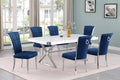 Best Quality D440-6SC321 7 pc Modern white high gloss top chrome accent base 78" dining table set navy blue chairs