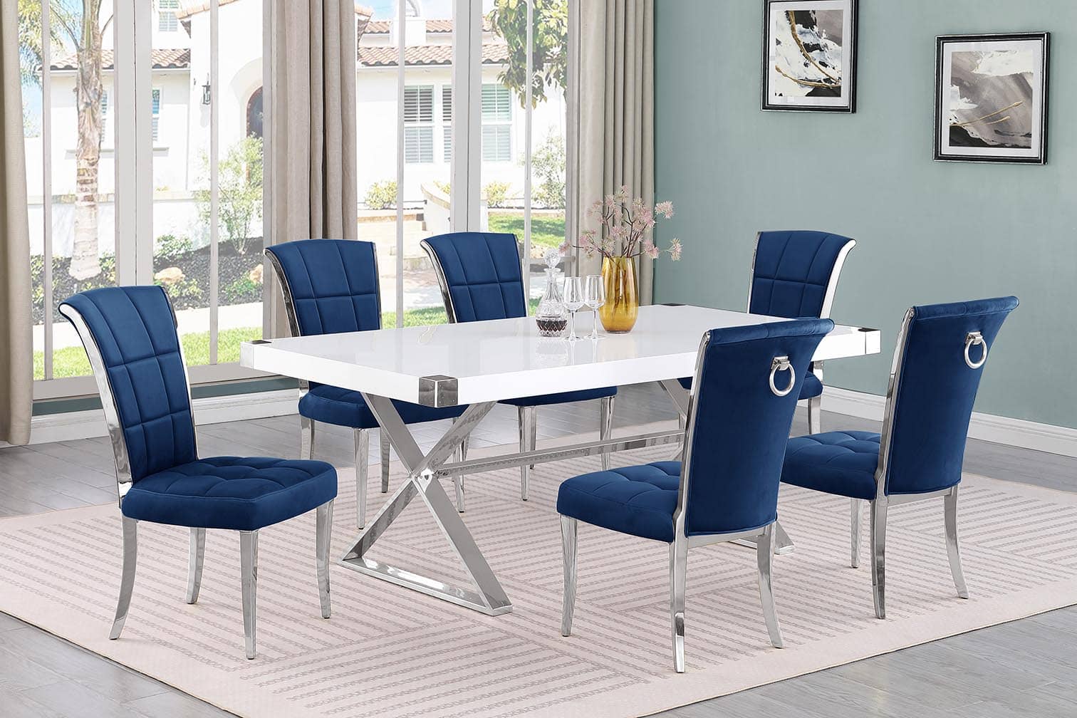 Best Quality D440-6SC321 7 pc Modern white high gloss top chrome accent base 78" dining table set navy blue chairs