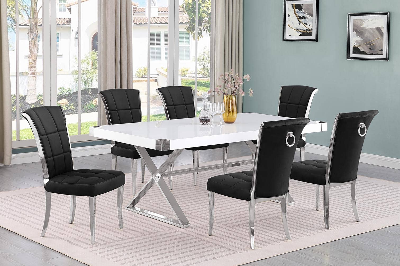 Best Quality D440-6SC322 7 pc Modern white high gloss top chrome accent base 78" dining table set black chairs