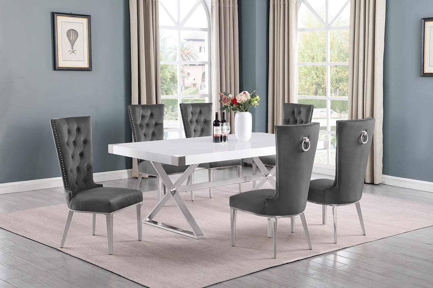 Best Quality D440-6SC330 7 pc Modern white high gloss top chrome accent base 78" dining table set dark grey tufted back chairs