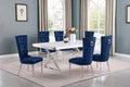 Best Quality D440-6SC331 7 pc Modern white high gloss top chrome accent base 78" dining table set navy blue tufted back chairs