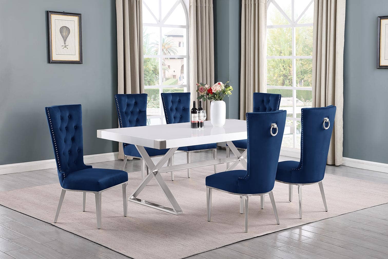 Best Quality D440-6SC331 7 pc Modern white high gloss top chrome accent base 78" dining table set navy blue tufted back chairs