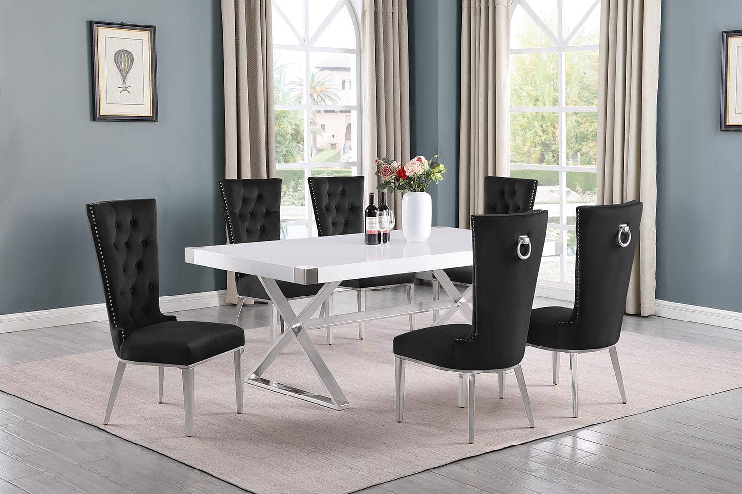 Best Quality D440-6SC332 7 pc Modern white high gloss top chrome accent base 78" dining table set black tufted back chairs