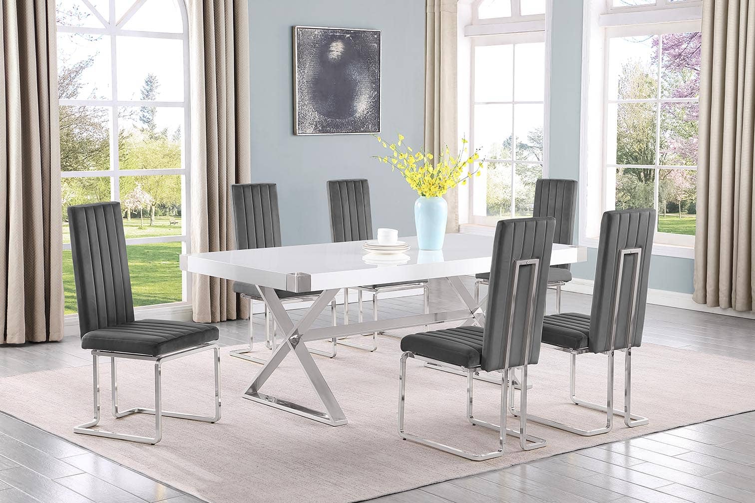 Best Quality D440-6SC340 7 pc Modern white high gloss top chrome accent base 78" dining table set dark grey chairs