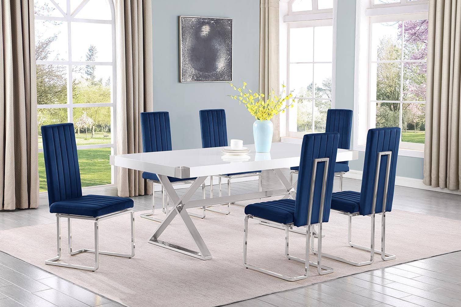Best Quality D440-6SC341 7 pc Modern white high gloss top chrome accent base 78" dining table set navy blue chairs