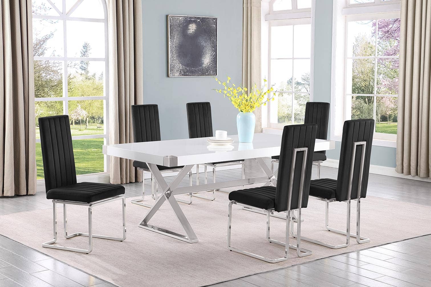 Best Quality D440-6SC342 7 pc Modern white high gloss top chrome accent base 78" dining table set black chairs