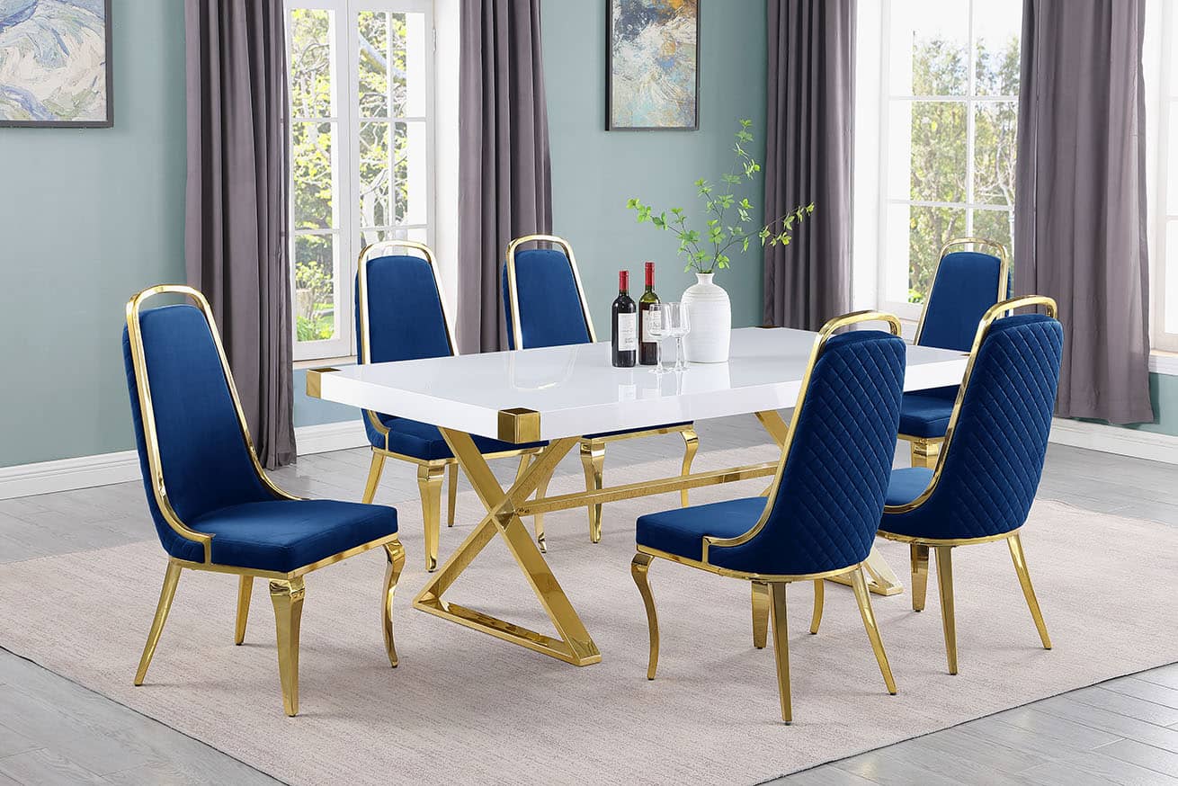 Best Quality D441-6SC315 7 pc Modern white high gloss top gold accent base 78" dining table set navy blue chairs