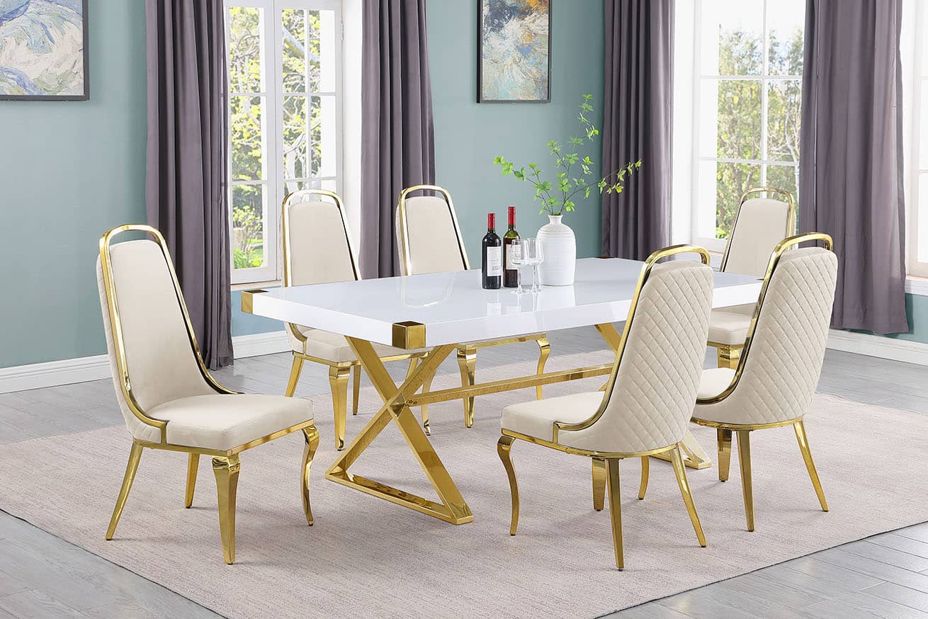 Best Quality D441-6SC317 7 pc Modern white high gloss top gold accent base 78" dining table set cream chairs