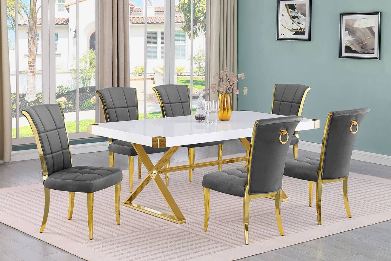 Best Quality D441-6SC324 7 pc Modern white high gloss top gold accent base 78" dining table set dark grey chairs
