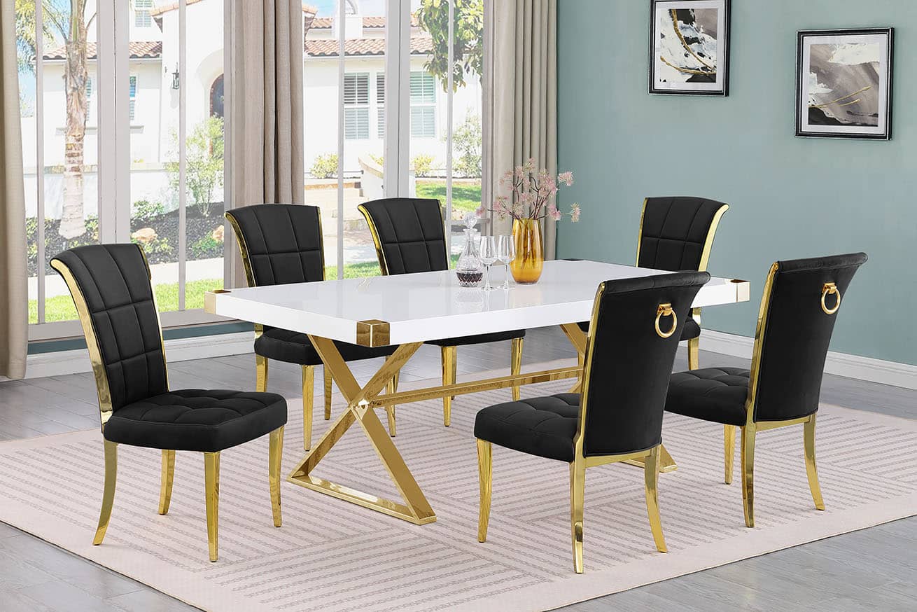 Best Quality D441-6SC326 7 pc Modern white high gloss top gold accent base 78" dining table set black chairs