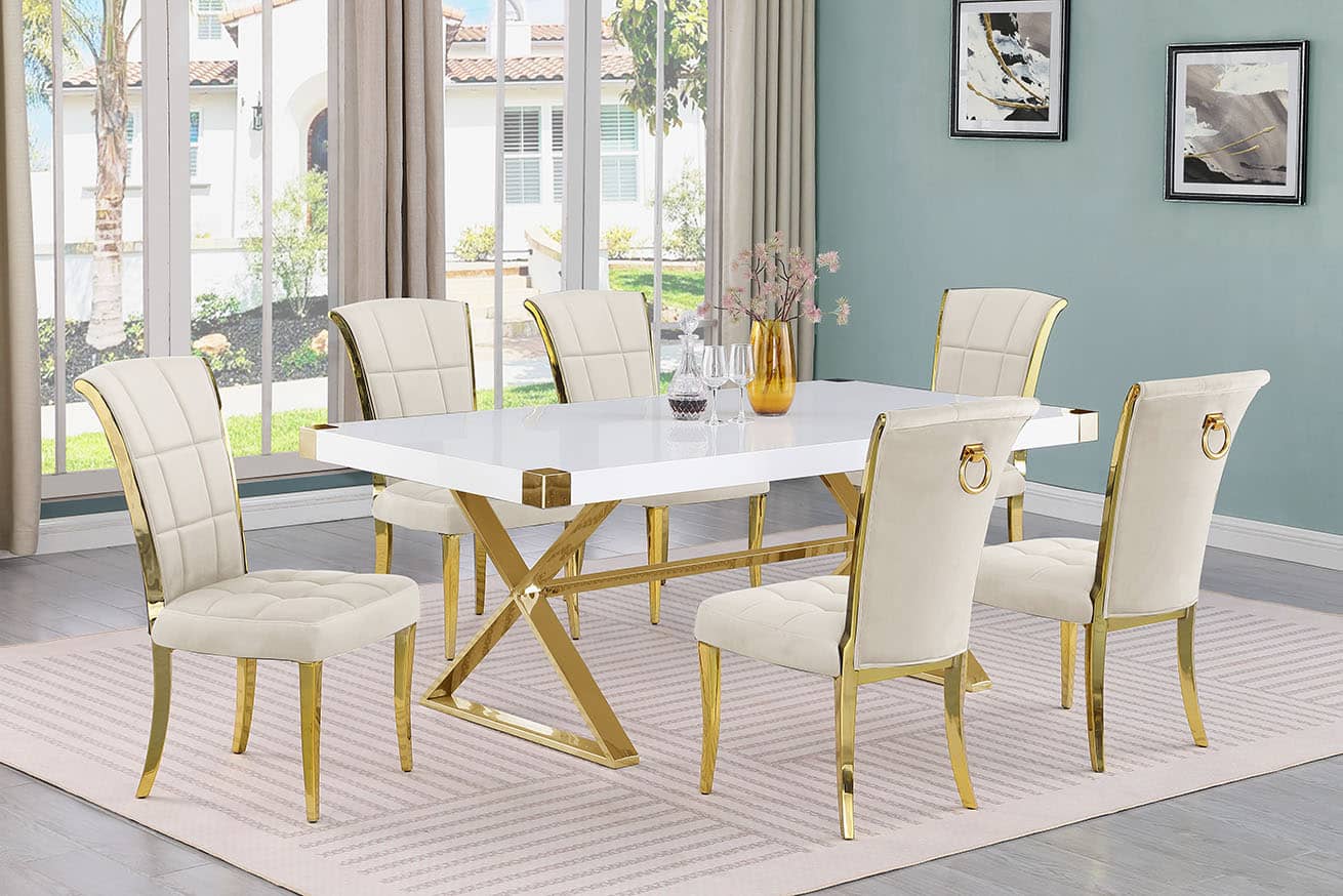 Best Quality D441-6SC327 7 pc Modern white high gloss top gold accent base 78" dining table set cream chairs