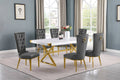 Best Quality D441-6SC334 7 pc Modern white high gloss top gold accent base 78" dining table set dark grey tufted back chairs