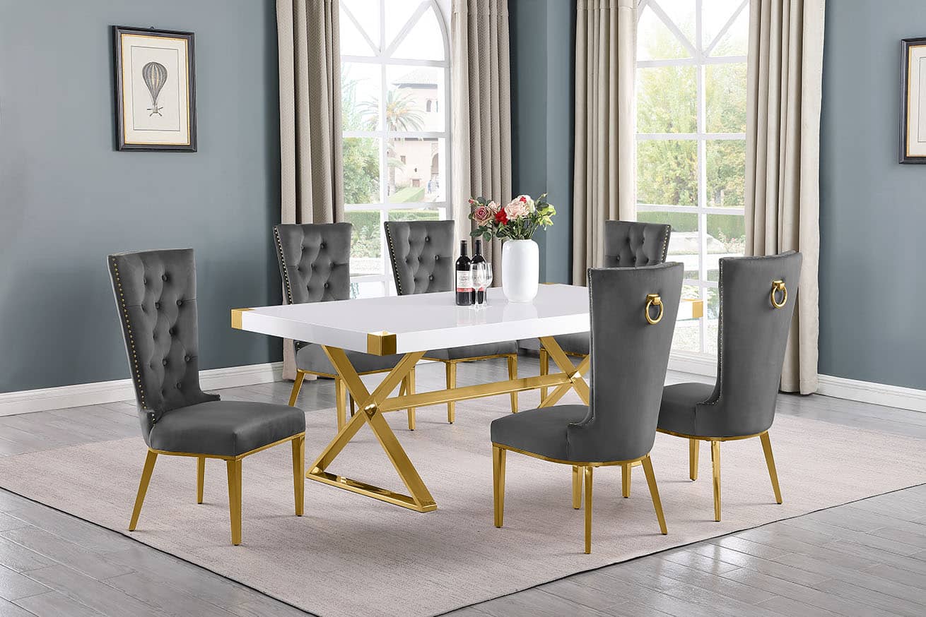 Best Quality D441-6SC334 7 pc Modern white high gloss top gold accent base 78" dining table set dark grey tufted back chairs