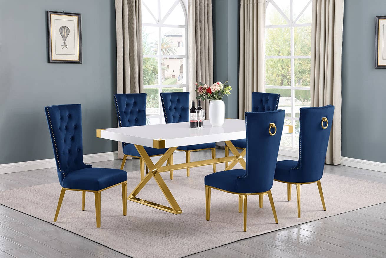 Best Quality D441-6SC335 7 pc Modern white high gloss top gold accent base 78" dining table set navy blue tufted back chairs