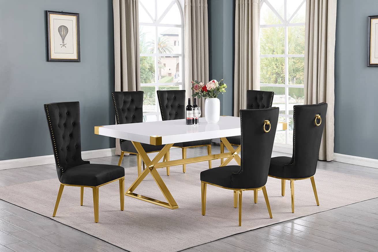 Best Quality D441-6SC336 7 pc Modern white high gloss top gold accent base 78" dining table set black tufted back chairs
