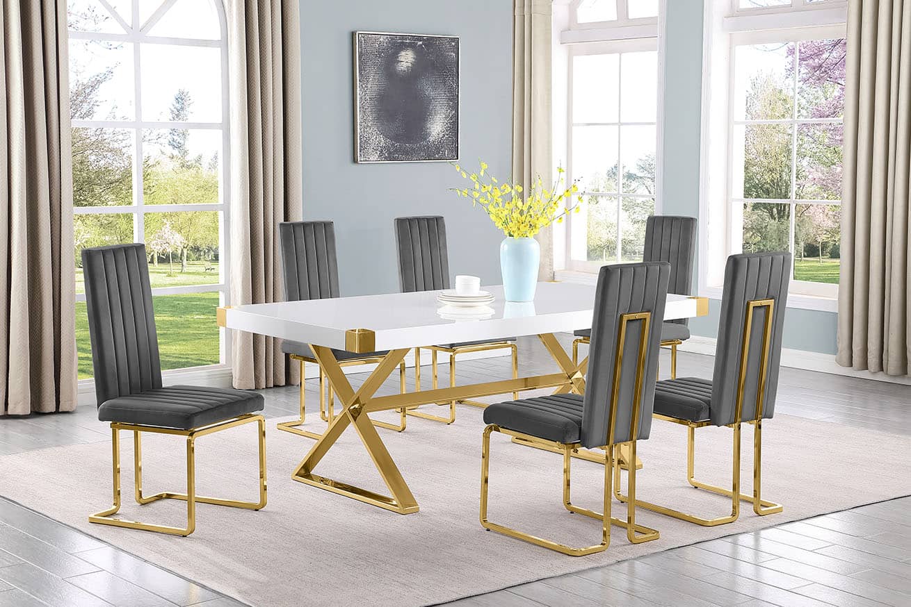 Best Quality D441-6SC344 7 pc Modern white high gloss top gold accent base 78" dining table set dark grey chairs