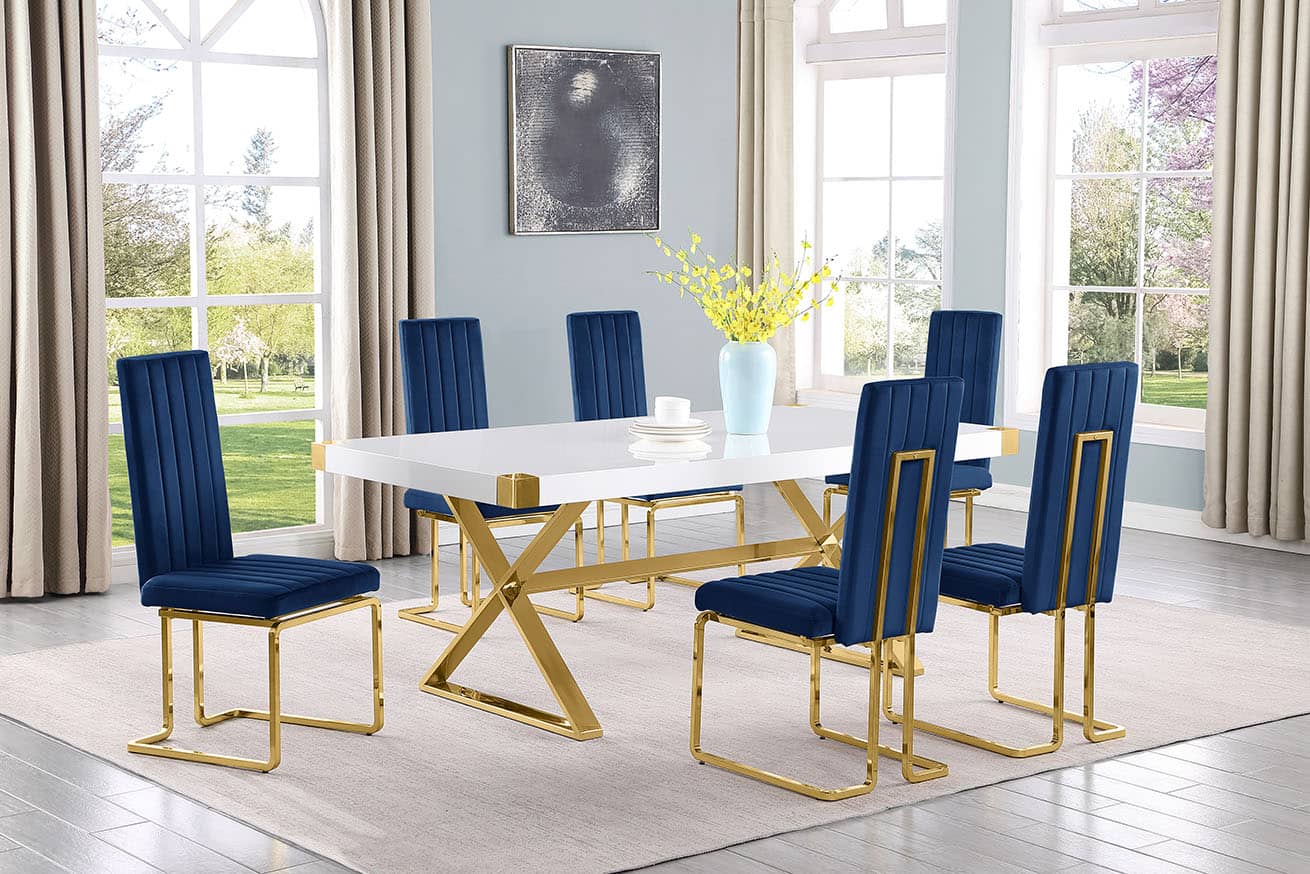 Best Quality D441-6SC345 7 pc Modern white high gloss top gold accent base 78" dining table set navy blue chairs