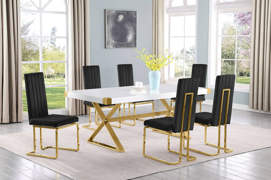 Best Quality D441-6SC346 7 pc Modern white high gloss top gold accent base 78" dining table set black chairs