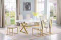 Best Quality D441-6SC347 7 pc Modern white high gloss top gold accent base 78" dining table set cream chairs