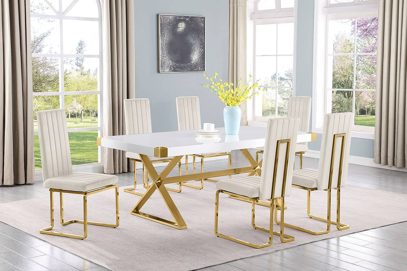 Best Quality D441-6SC347 7 pc Modern white high gloss top gold accent base 78" dining table set cream chairs