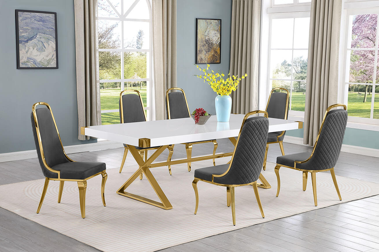 Best Quality D443-6SC314 7 pc Modern white high gloss top gold accent base 94" dining table set dark grey chairs
